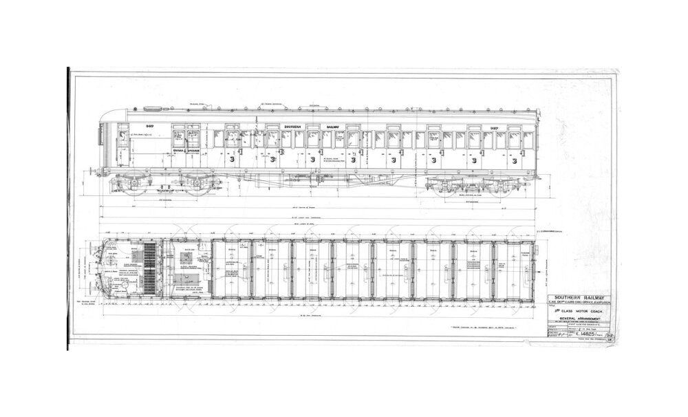 General arrangement of 3rd (third) class motor coach, Southern Railway, 1940. unstretched canvas medium none Art Print - Science Museum Shop