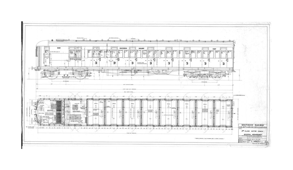 General arrangement of 3rd (third) class motor coach, Southern Railway, 1940. unstretched canvas large none Art Print - Science Museum Shop