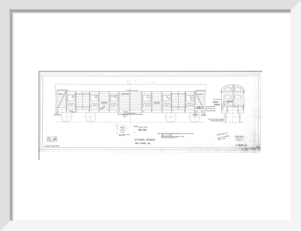 Lettering diagram for bogie scenery van, Southern Railway, 1937. art print small white Art Print - Science Museum Shop