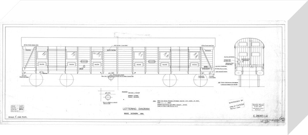 Lettering diagram for bogie scenery van, Southern Railway, 1937. stretched canvas small none Art Print - Science Museum Shop