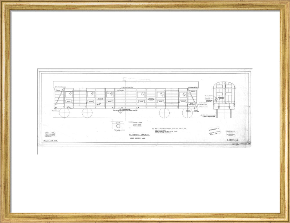 Lettering diagram for bogie scenery van, Southern Railway, 1937. art print medium gold Art Print - Science Museum Shop