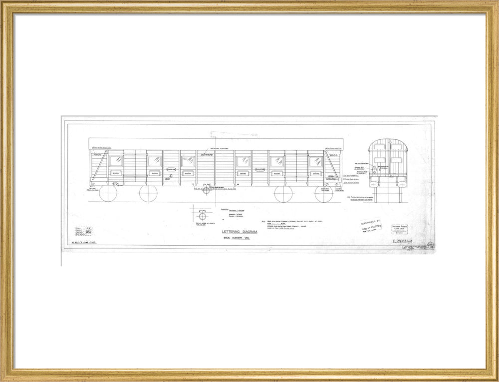 Lettering diagram for bogie scenery van, Southern Railway, 1937. art print large gold Art Print - Science Museum Shop