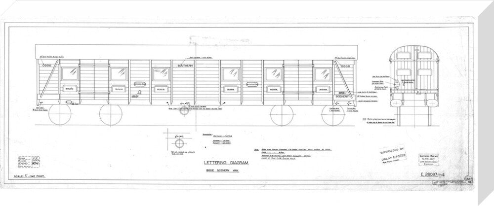 Lettering diagram for bogie scenery van, Southern Railway, 1937. stretched canvas large none Art Print - Science Museum Shop