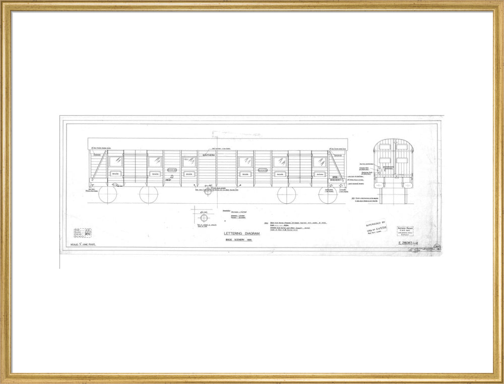 Lettering diagram for bogie scenery van, Southern Railway, 1937. art print extra large gold Art Print - Science Museum Shop