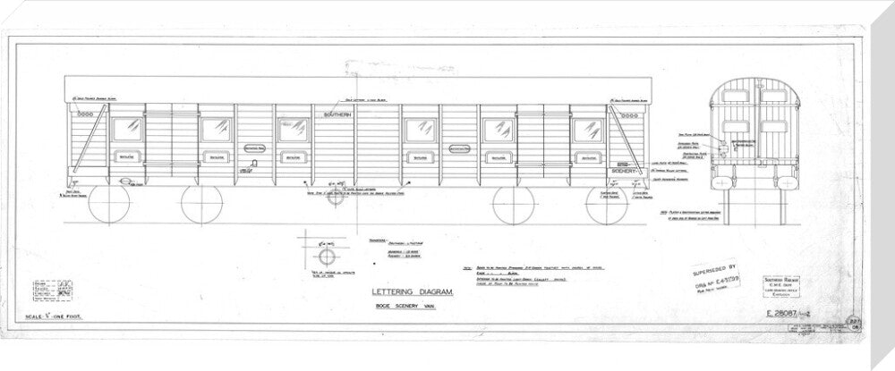 Lettering diagram for bogie scenery van, Southern Railway, 1937. stretched canvas extra large none Art Print - Science Museum Shop
