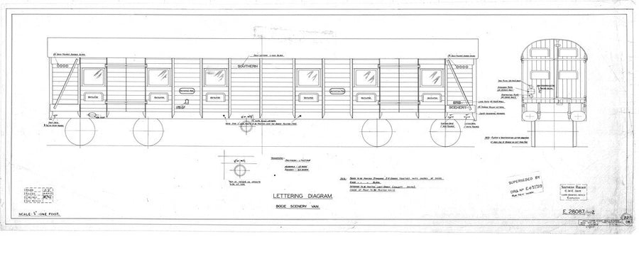 Lettering diagram for bogie scenery van, Southern Railway, 1937. Art Print - Science Museum Shop