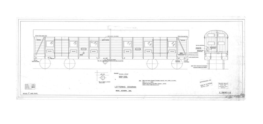 Lettering diagram for bogie scenery van, Southern Railway, 1937. unstretched canvas extra large none Art Print - Science Museum Shop