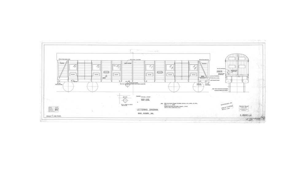 Lettering diagram for bogie scenery van, Southern Railway, 1937. unstretched canvas small none Art Print - Science Museum Shop
