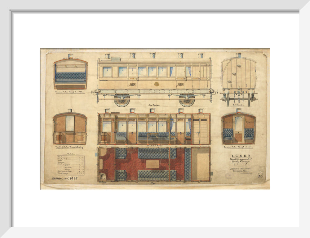 General arrangement of family carriage, London, Chatham and Dover Railway, 1881. art print small white Art Print - Science Museum Shop