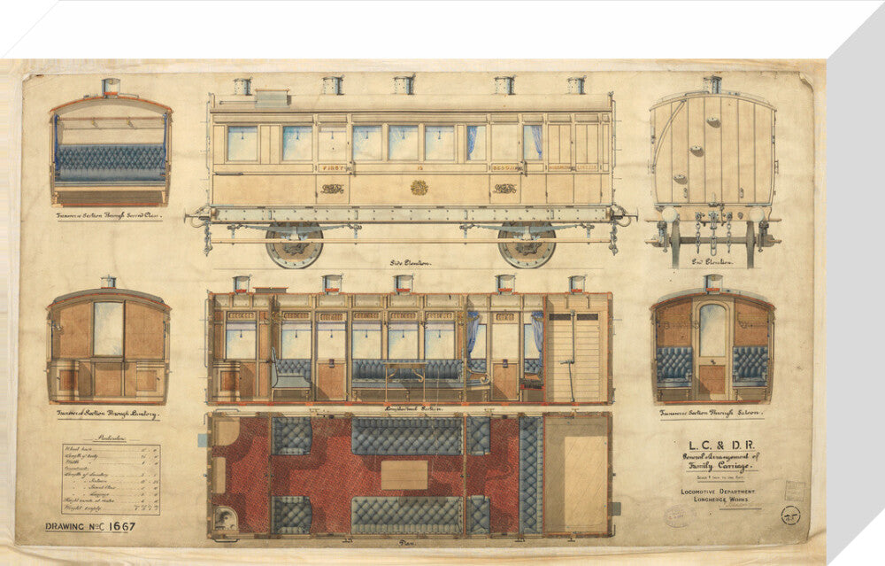 General arrangement of family carriage, London, Chatham and Dover Railway, 1881. stretched canvas small none Art Print - Science Museum Shop