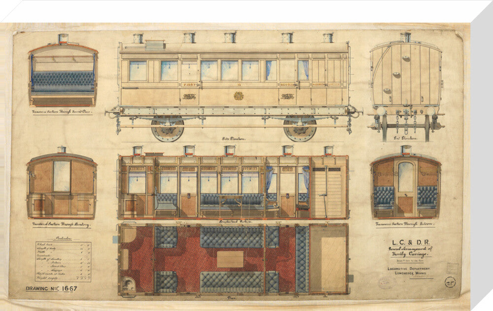 General arrangement of family carriage, London, Chatham and Dover Railway, 1881. stretched canvas medium none Art Print - Science Museum Shop