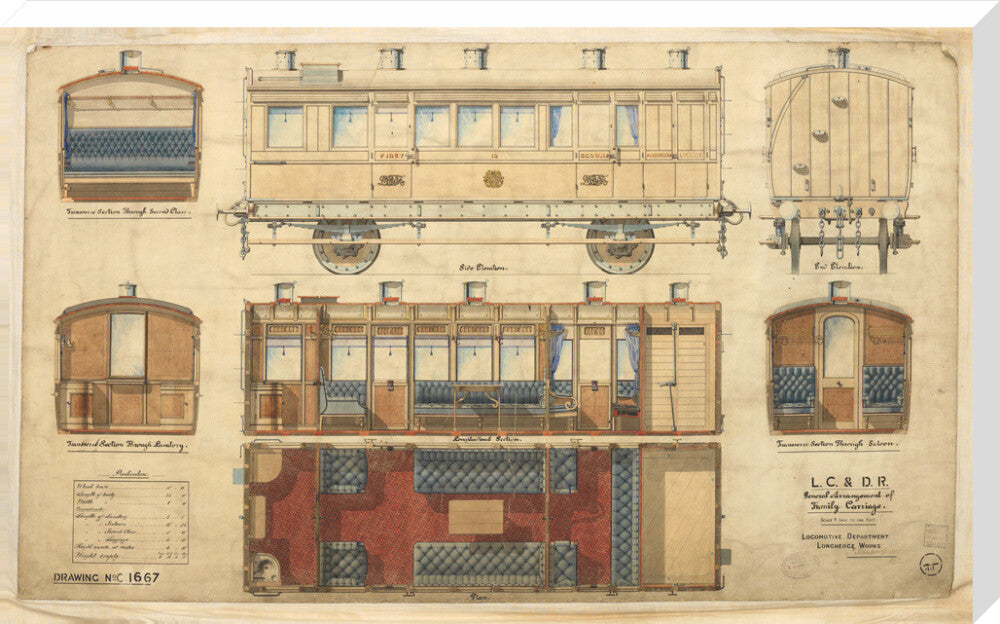 General arrangement of family carriage, London, Chatham and Dover Railway, 1881. stretched canvas extra large none Art Print - Science Museum Shop