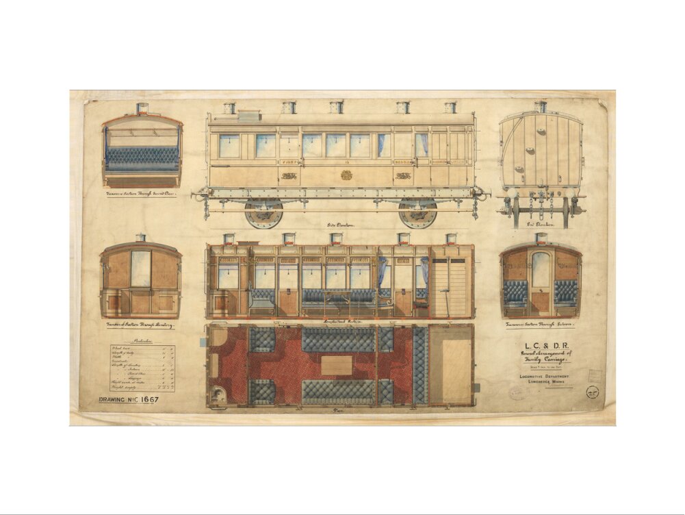 General arrangement of family carriage, London, Chatham and Dover Railway, 1881. art print medium none Art Print - Science Museum Shop