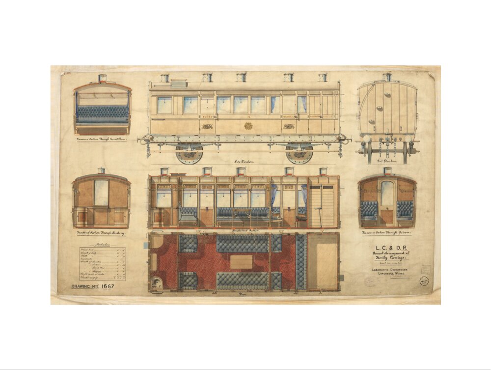 General arrangement of family carriage, London, Chatham and Dover Railway, 1881. art print large none Art Print - Science Museum Shop