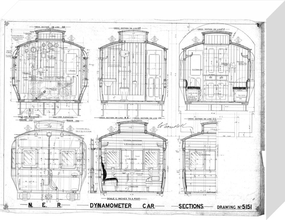 Sections of dynamometer car, North Eastern Railway (NER). stretched canvas small none Art Print - Science Museum Shop
