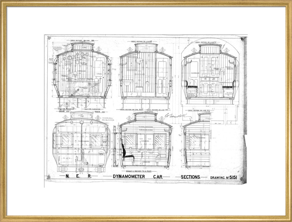 Sections of dynamometer car, North Eastern Railway (NER). art print extra large gold Art Print - Science Museum Shop