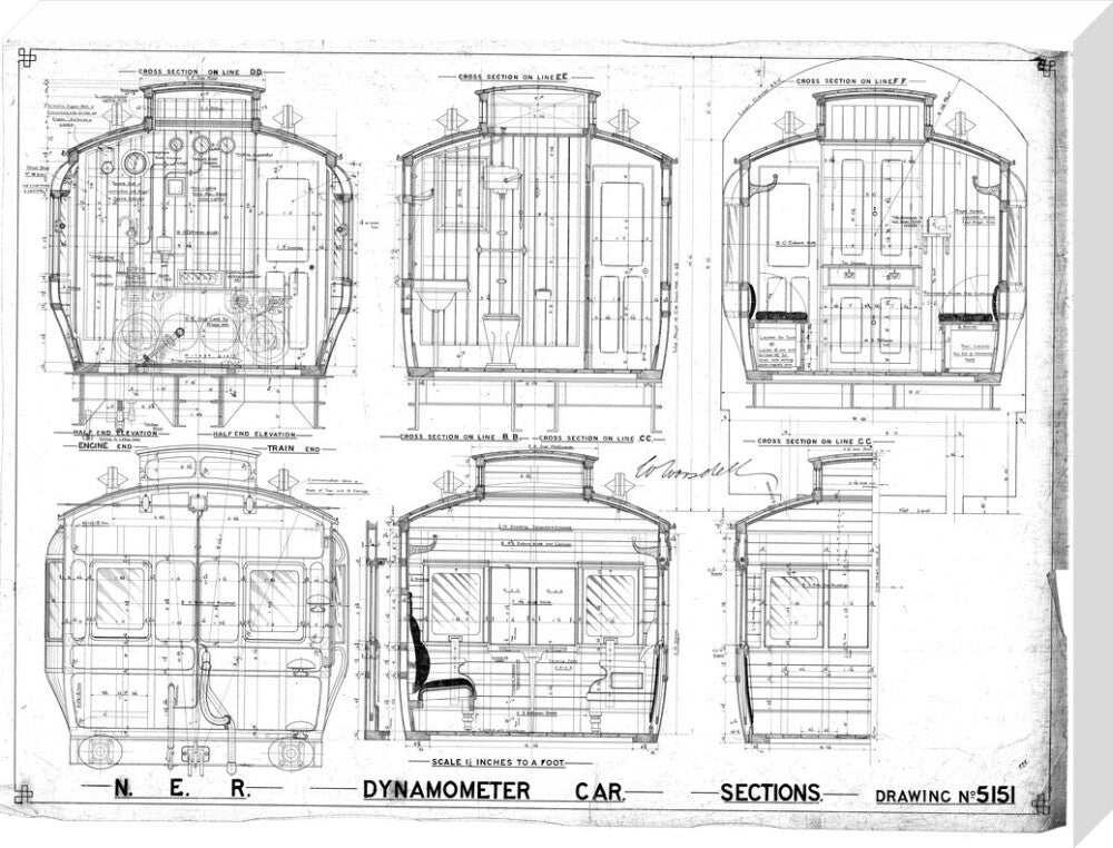 Sections of dynamometer car, North Eastern Railway (NER). stretched canvas large none Art Print - Science Museum Shop