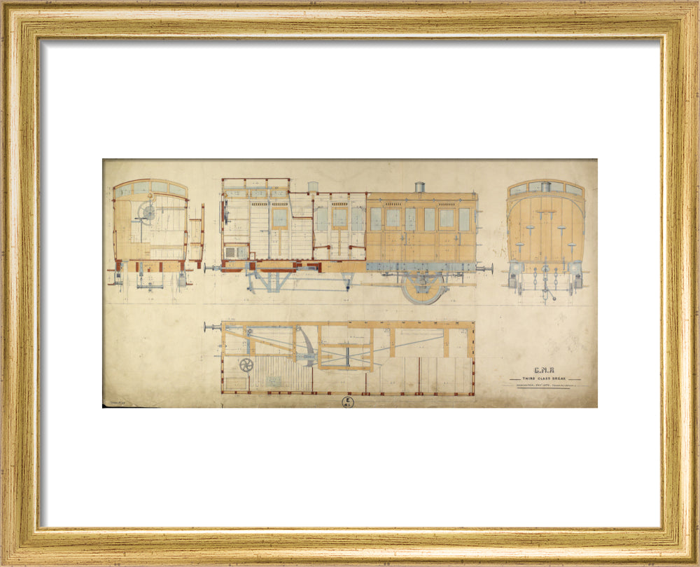 General arrangement of third class break (brake) carriage, Great Northern Railway, 1872. art print extra small gold Art Print - Science Museum Shop