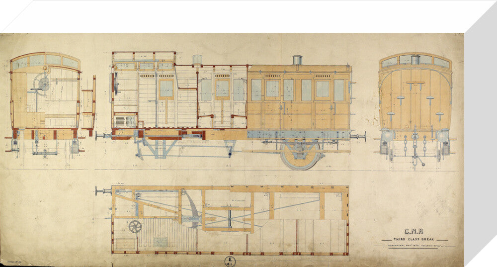 General arrangement of third class break (brake) carriage, Great Northern Railway, 1872. stretched canvas small none Art Print - Science Museum Shop
