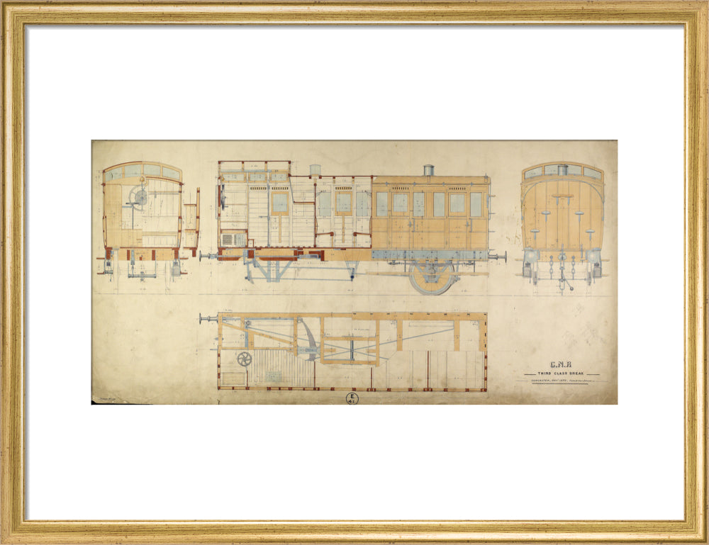 General arrangement of third class break (brake) carriage, Great Northern Railway, 1872. art print medium gold Art Print - Science Museum Shop