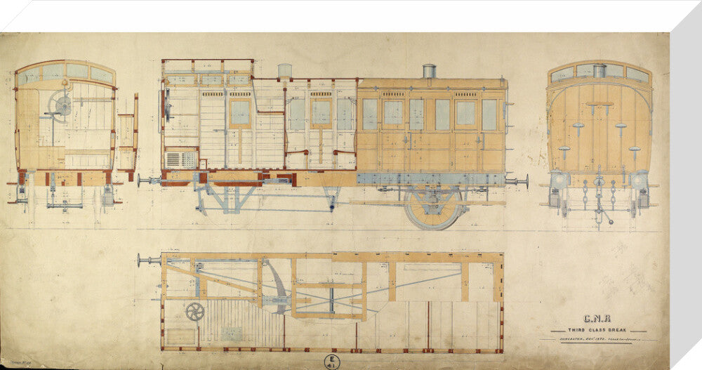 General arrangement of third class break (brake) carriage, Great Northern Railway, 1872. stretched canvas medium none Art Print - Science Museum Shop