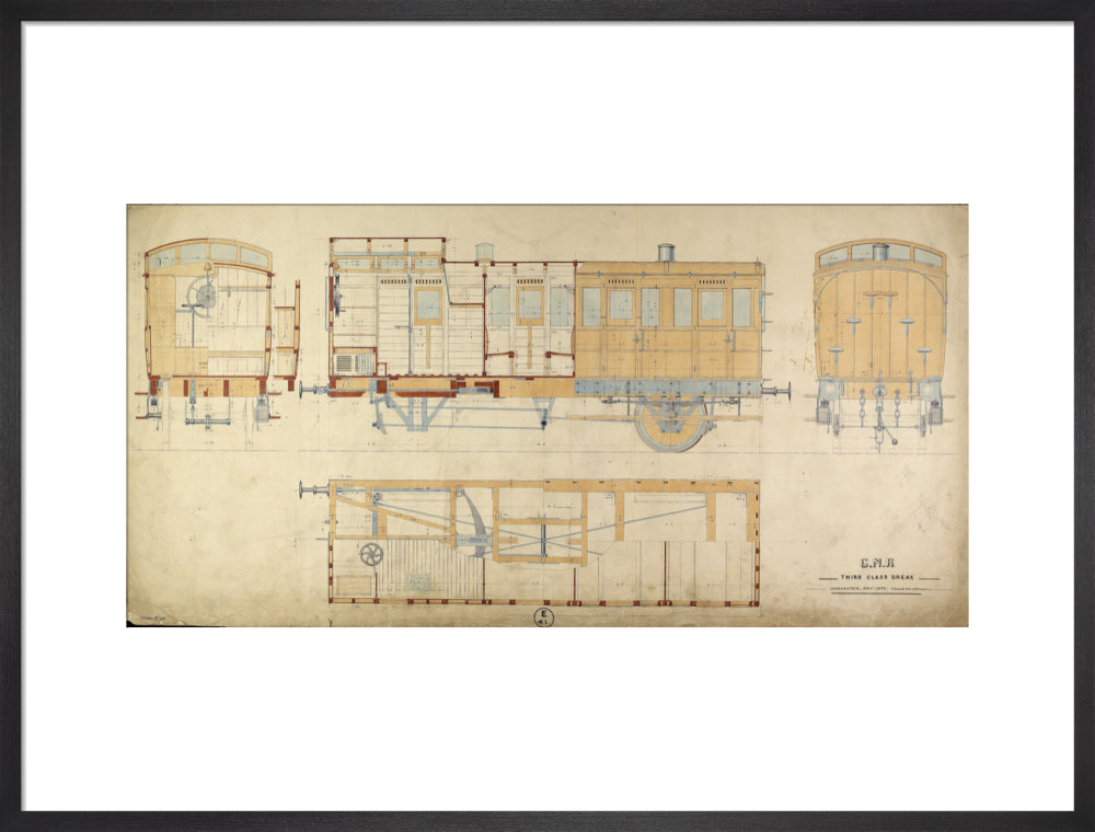 General arrangement of third class break (brake) carriage, Great Northern Railway, 1872. art print large black Art Print - Science Museum Shop