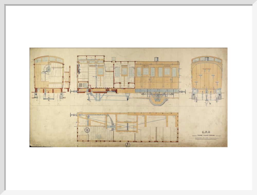 General arrangement of third class break (brake) carriage, Great Northern Railway, 1872. art print large white Art Print - Science Museum Shop