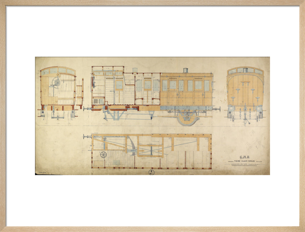 General arrangement of third class break (brake) carriage, Great Northern Railway, 1872. art print large natural Art Print - Science Museum Shop