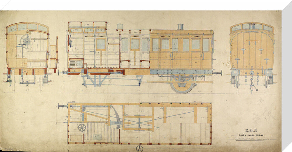General arrangement of third class break (brake) carriage, Great Northern Railway, 1872. stretched canvas large none Art Print - Science Museum Shop