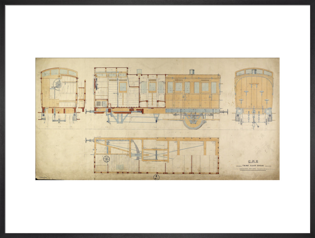 General arrangement of third class break (brake) carriage, Great Northern Railway, 1872. art print extra large black Art Print - Science Museum Shop