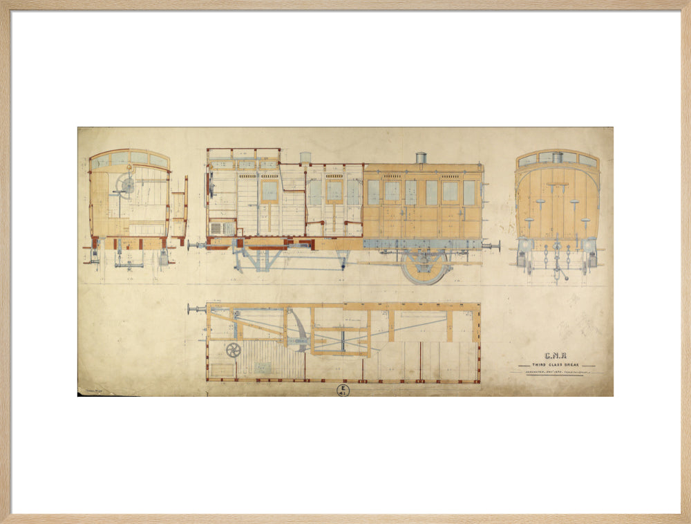 General arrangement of third class break (brake) carriage, Great Northern Railway, 1872. art print extra large natural Art Print - Science Museum Shop