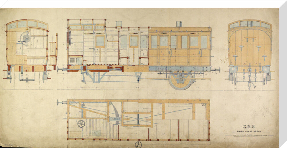 General arrangement of third class break (brake) carriage, Great Northern Railway, 1872. stretched canvas extra large none Art Print - Science Museum Shop