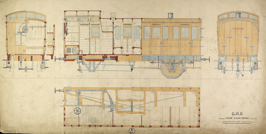 General arrangement of third class break (brake) carriage, Great Northern Railway, 1872. Art Print - Science Museum Shop