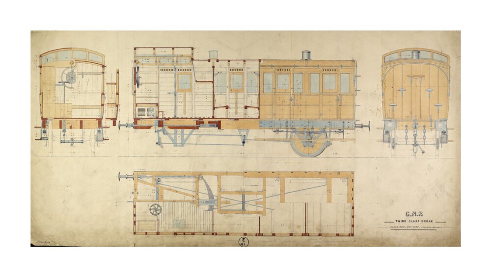 General arrangement of third class break (brake) carriage, Great Northern Railway, 1872. unstretched canvas extra large none Art Print - Science Museum Shop