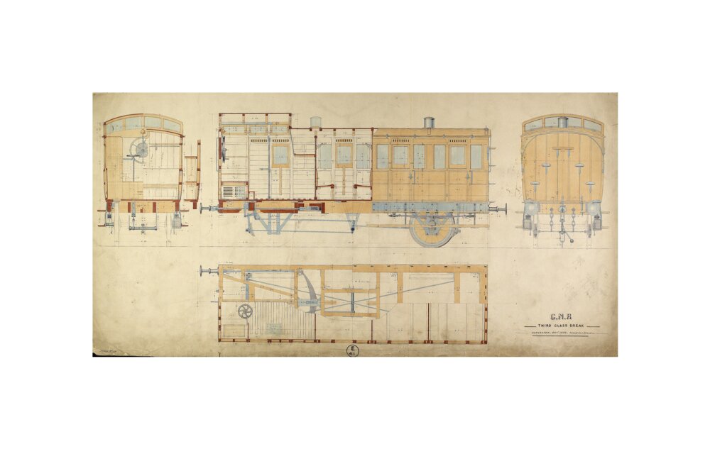 General arrangement of third class break (brake) carriage, Great Northern Railway, 1872. unstretched canvas small none Art Print - Science Museum Shop