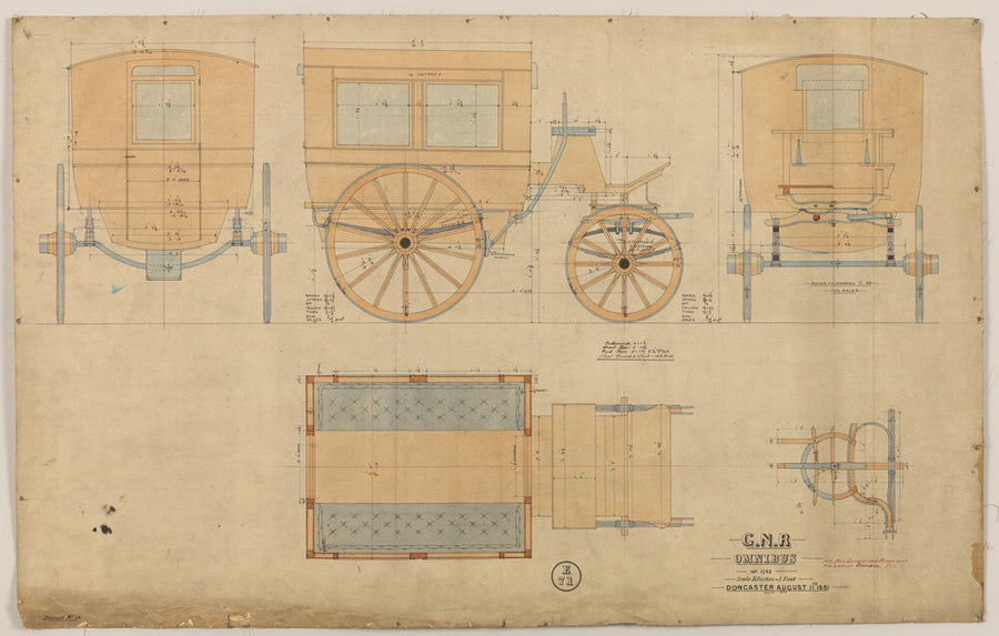 Drawing of horse drawn omnibus number 1242, Great Northern Railway, 1881. Art Print - Science Museum Shop