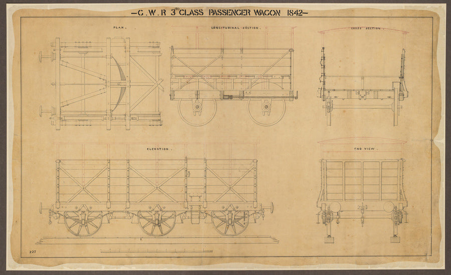 Drawing, general arrangement Great Western Railway broad gauge third class passenger wagon, 1842. Art Print - Science Museum Shop