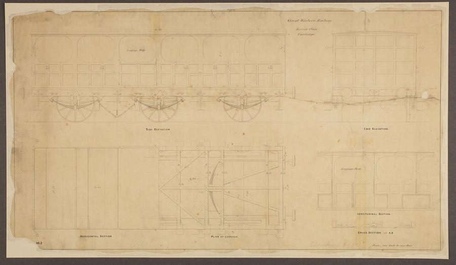 Drawing, Great Western Railway broad gauge 6-wheeled second class passenger carriage, May 1839. Art Print - Science Museum Shop
