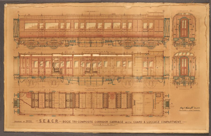 Coloured general arrangement drawing, South Eastern & Chatham Railway bogie tricomposite corridor brake. Art Print - Science Museum Shop