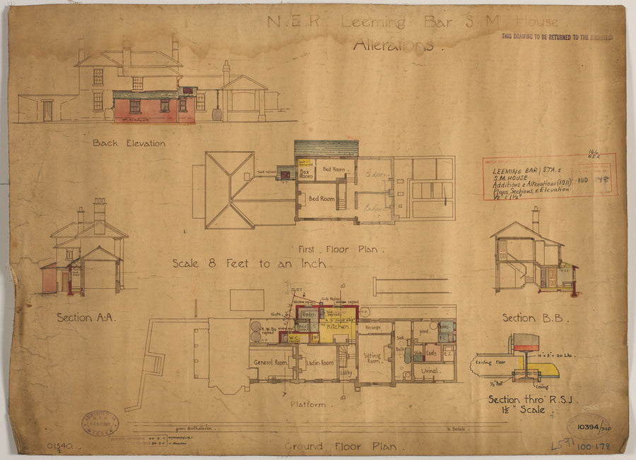 Alterations to Leeming Bar station master's house, showing extension of kitchen and pantry, North Eastern Railway, 1911. Art Print - Science Museum Shop