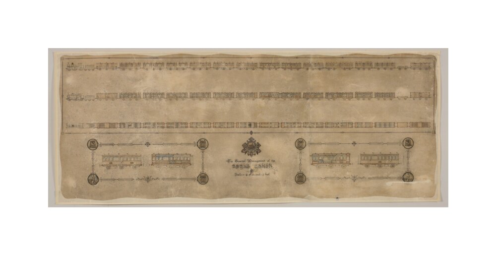 The general arrangement of the Royal Train (for Queen Victoria), London and North Western Railway 1520mm x 600mm unstretched canvas medium none Art Print - Science Museum Shop