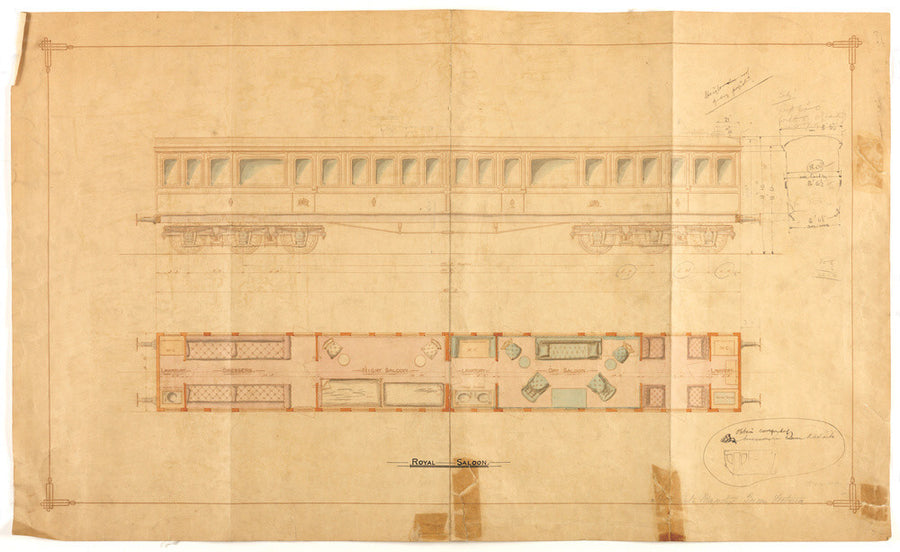 Drawing of 12 wheel royal saloon for Queen Victoria, London and North Western Railway. Art Print - Science Museum Shop