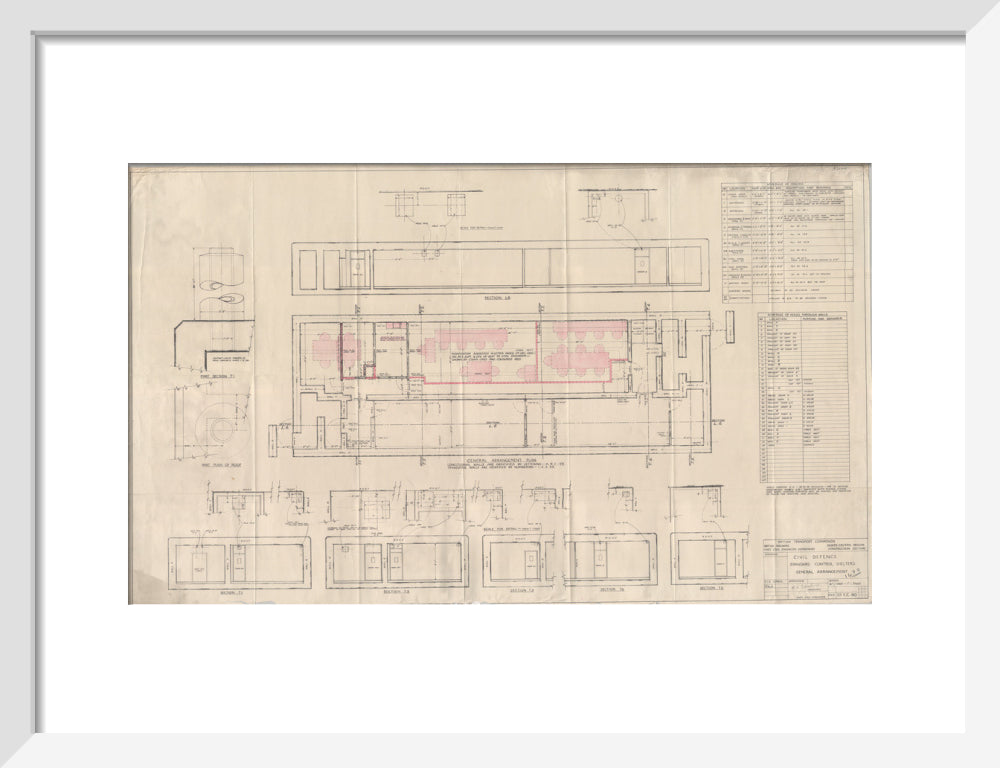 General arrangement of standard control shelters for civil defence (nuclear air raid bunker). art print small white Art Print - Science Museum Shop