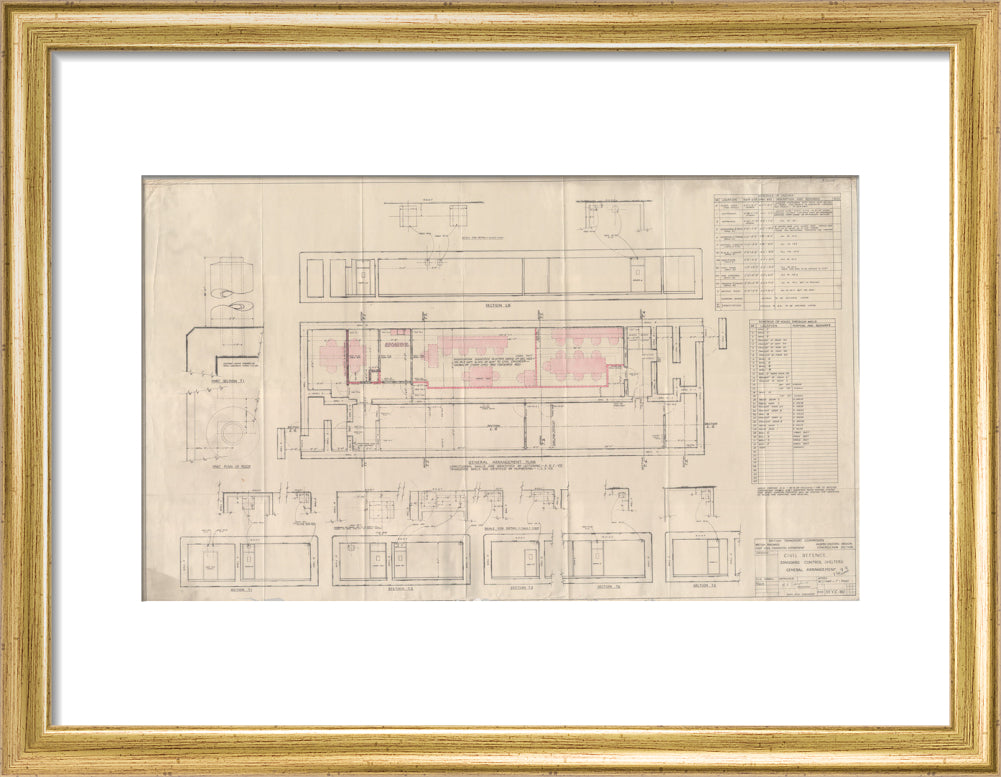 General arrangement of standard control shelters for civil defence (nuclear air raid bunker). art print small gold Art Print - Science Museum Shop