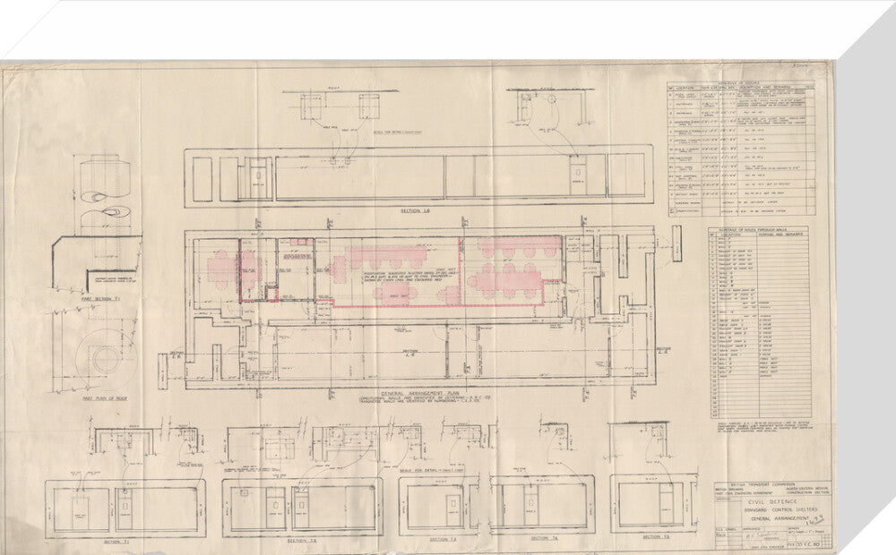 General arrangement of standard control shelters for civil defence (nuclear air raid bunker). stretched canvas small none Art Print - Science Museum Shop