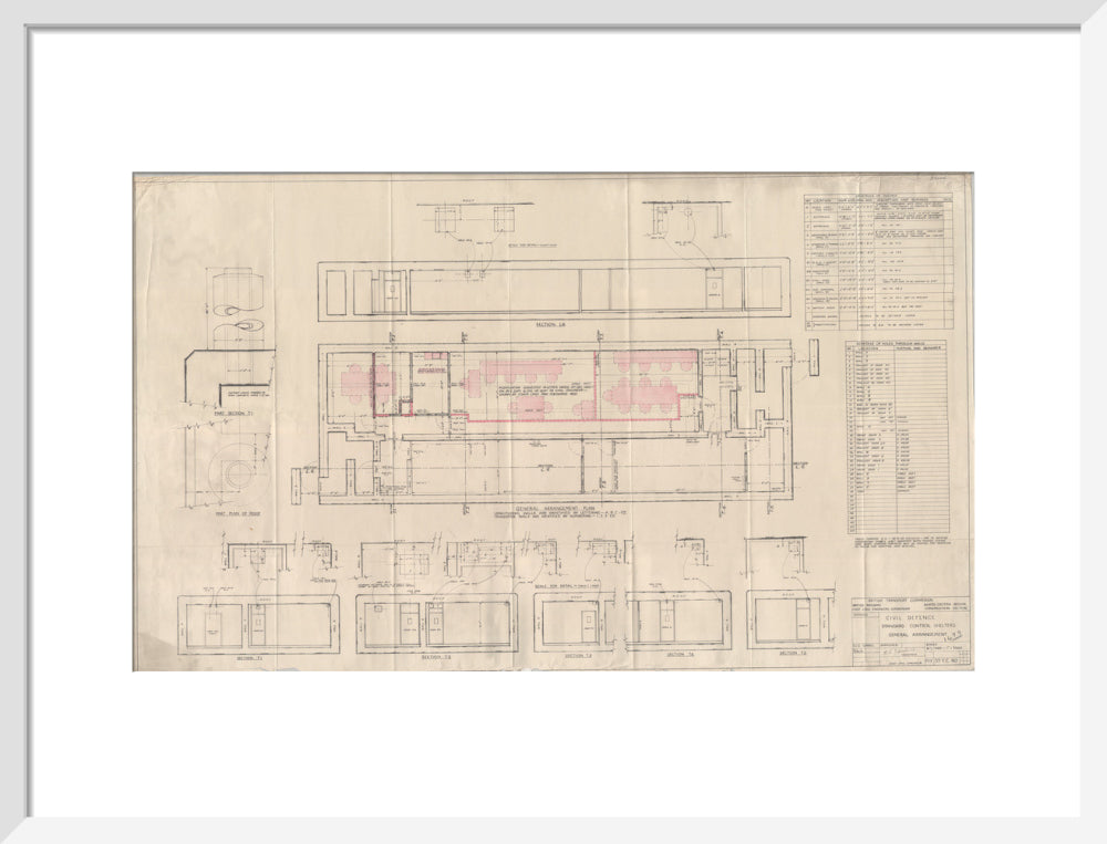General arrangement of standard control shelters for civil defence (nuclear air raid bunker). art print medium white Art Print - Science Museum Shop
