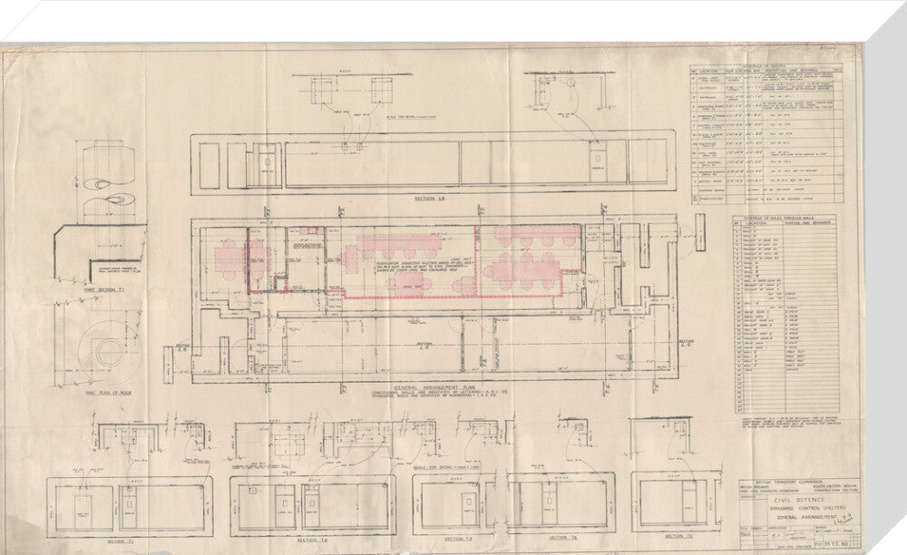 General arrangement of standard control shelters for civil defence (nuclear air raid bunker). stretched canvas medium none Art Print - Science Museum Shop