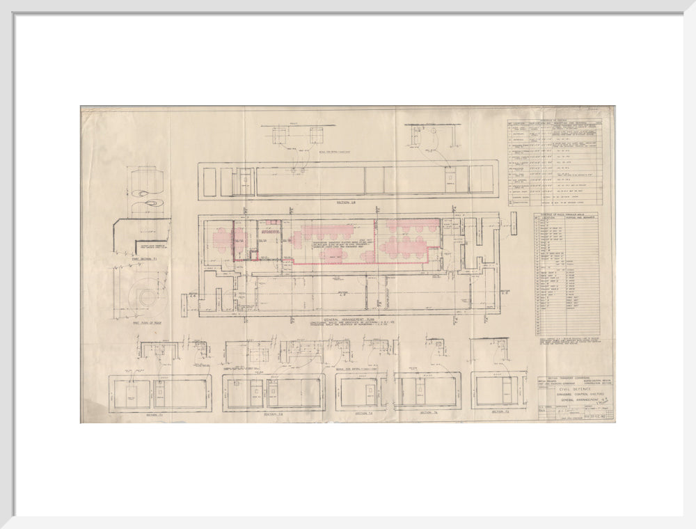 General arrangement of standard control shelters for civil defence (nuclear air raid bunker). art print large white Art Print - Science Museum Shop