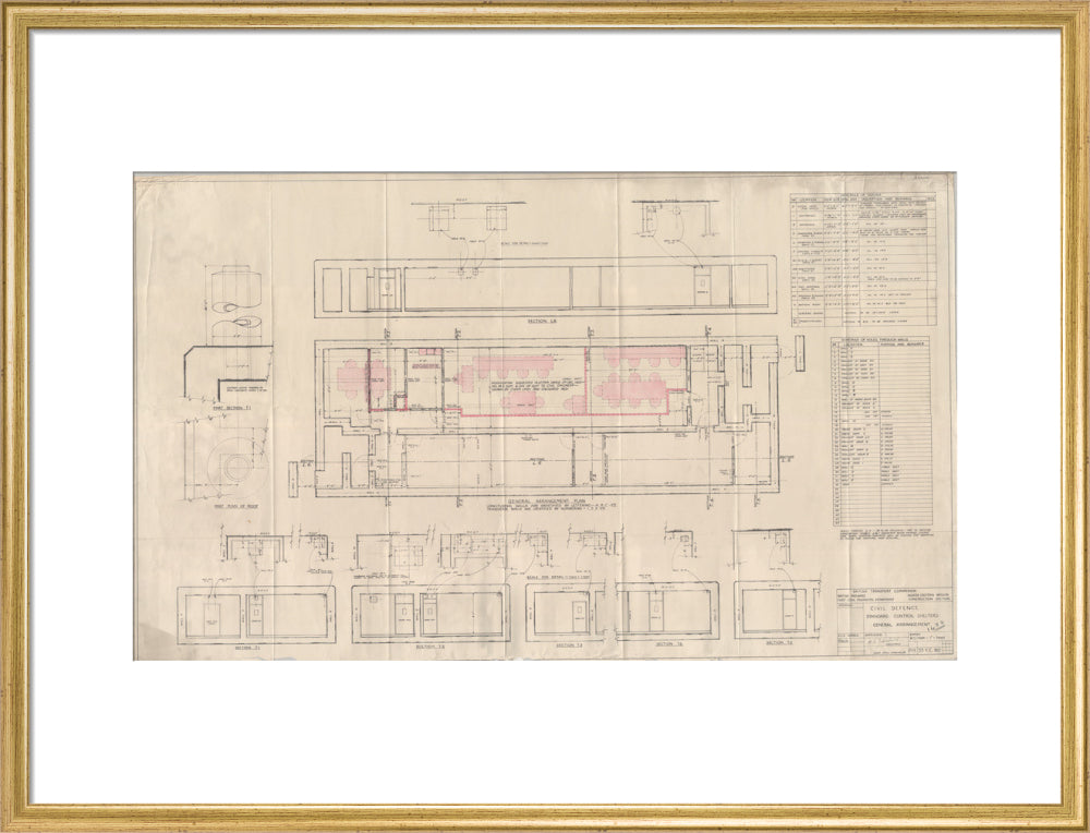 General arrangement of standard control shelters for civil defence (nuclear air raid bunker). art print large gold Art Print - Science Museum Shop