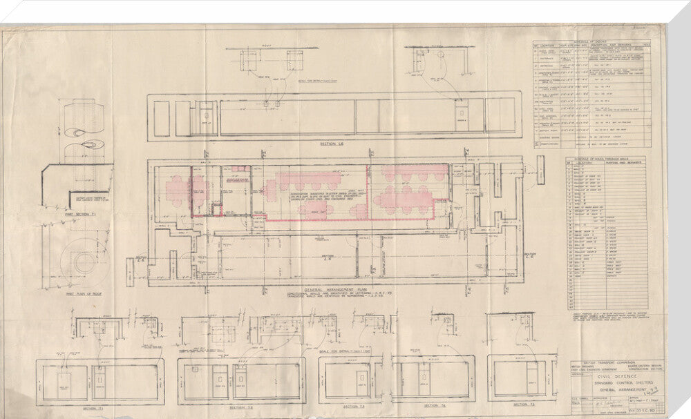 General arrangement of standard control shelters for civil defence (nuclear air raid bunker). stretched canvas large none Art Print - Science Museum Shop
